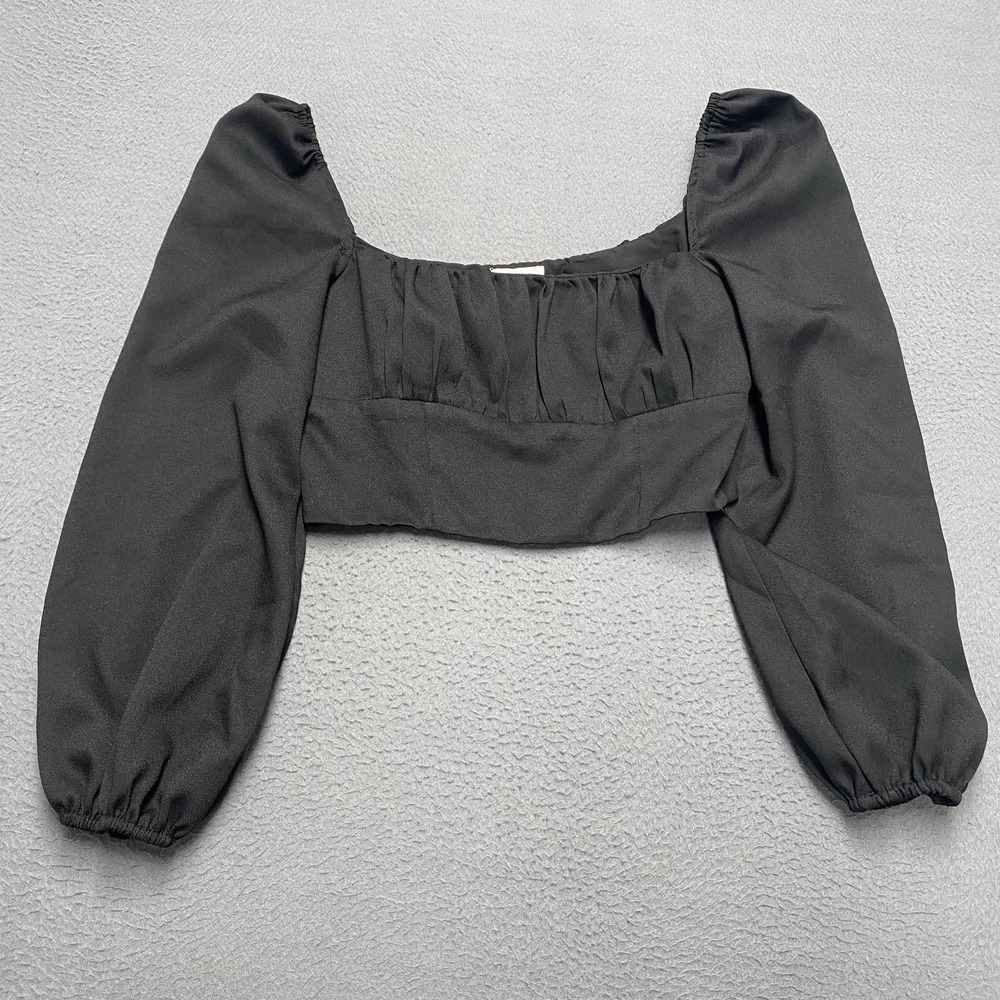 Princess Polly Blouse Womens 8 Black Square Neck Long Puff Sleeve Cropped Top
